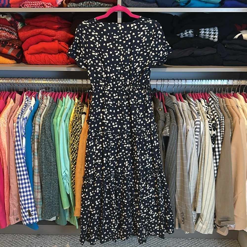 Unbranded navy/beige/white floral short sleeve side cinch ties midi dress size S - Picture 3 of 3